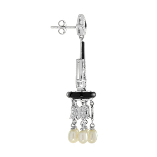 Black Onyx & Diamond and Pearl Art Deco Style Chandelier White Gold Earrings