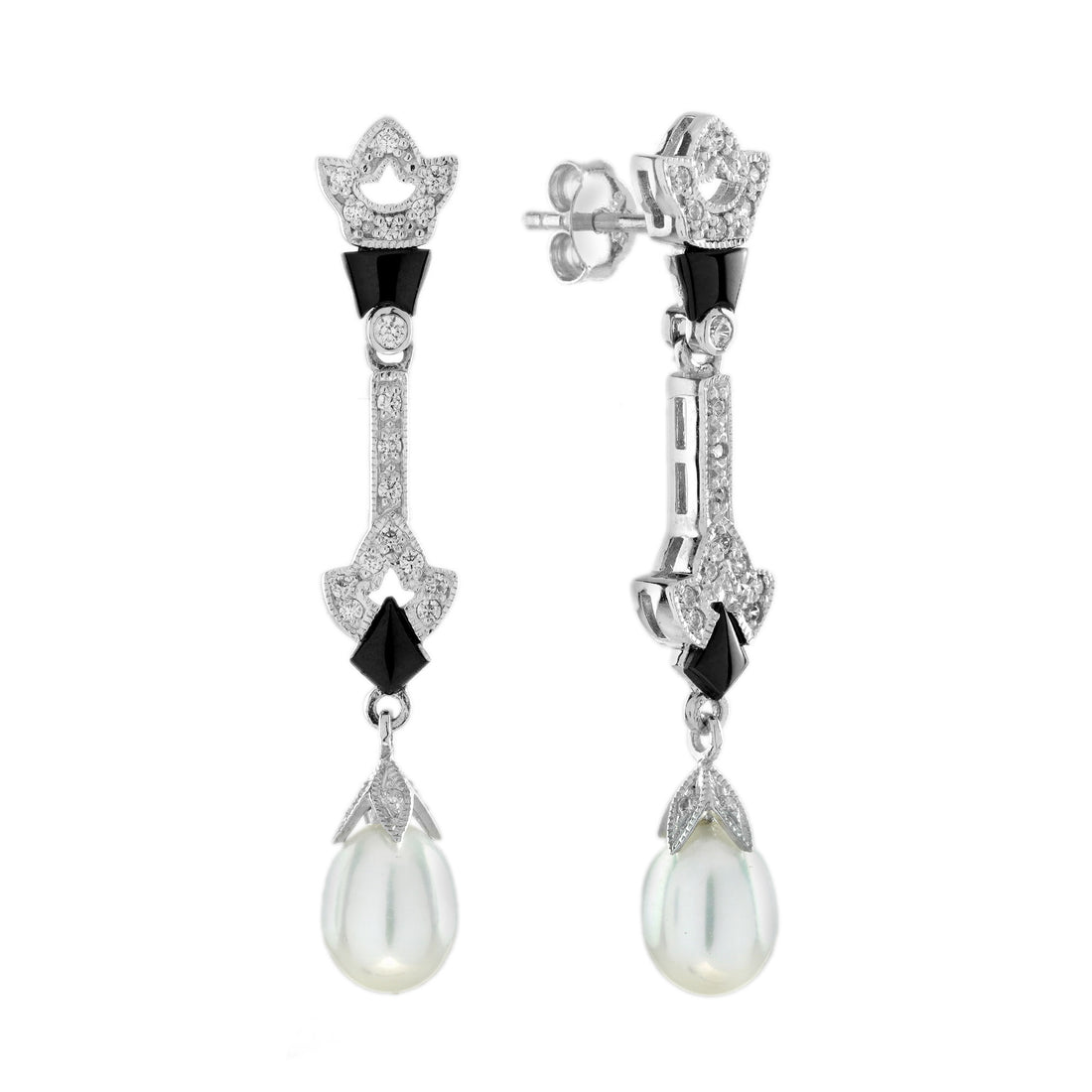 Pearl &amp; Black Onyx Diamond Art Deco Style Drop White Gold Earrings