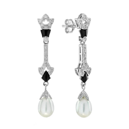 Pearl &amp; Black Onyx Diamond Art Deco Style Drop White Gold Earrings