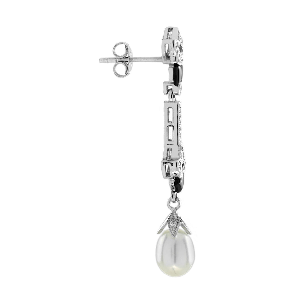 Pearl & Black Onyx Diamond Art Deco Style Drop White Gold Earrings