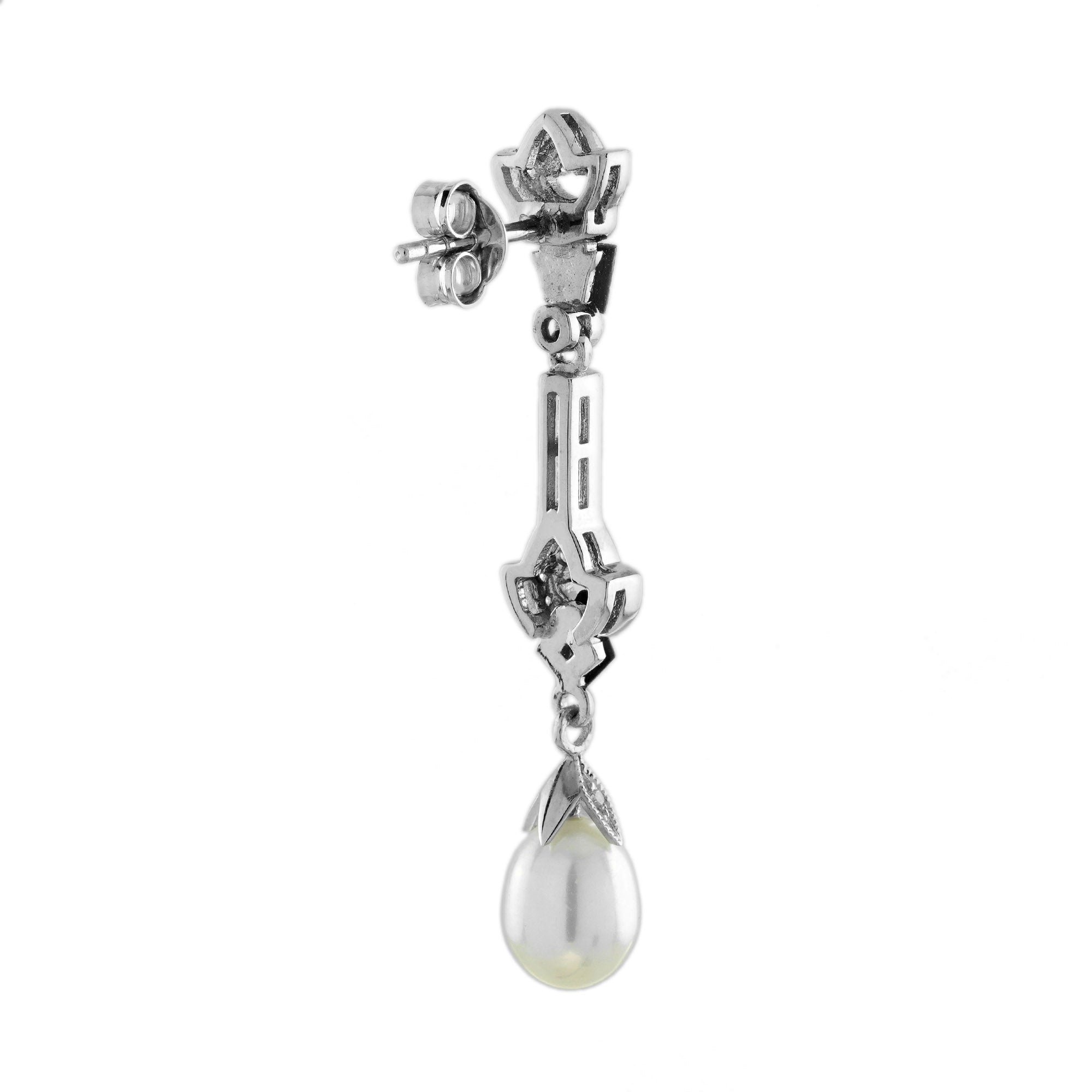 Pearl &amp; Black Onyx Diamond Art Deco Style Drop White Gold Earrings