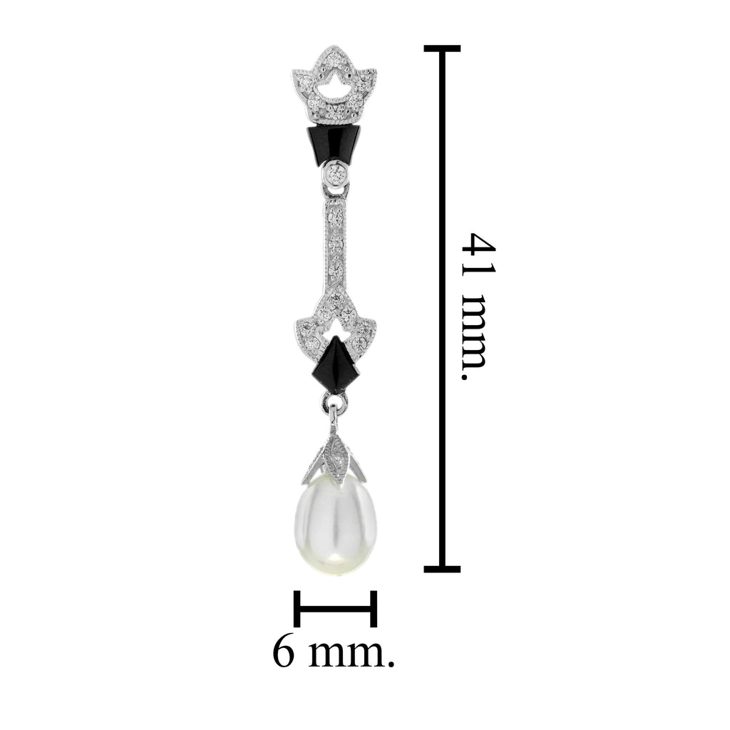 14.80 ctw Art Deco Pearl, Diamond & Black Onyx 14K White Gold Drop Earrings