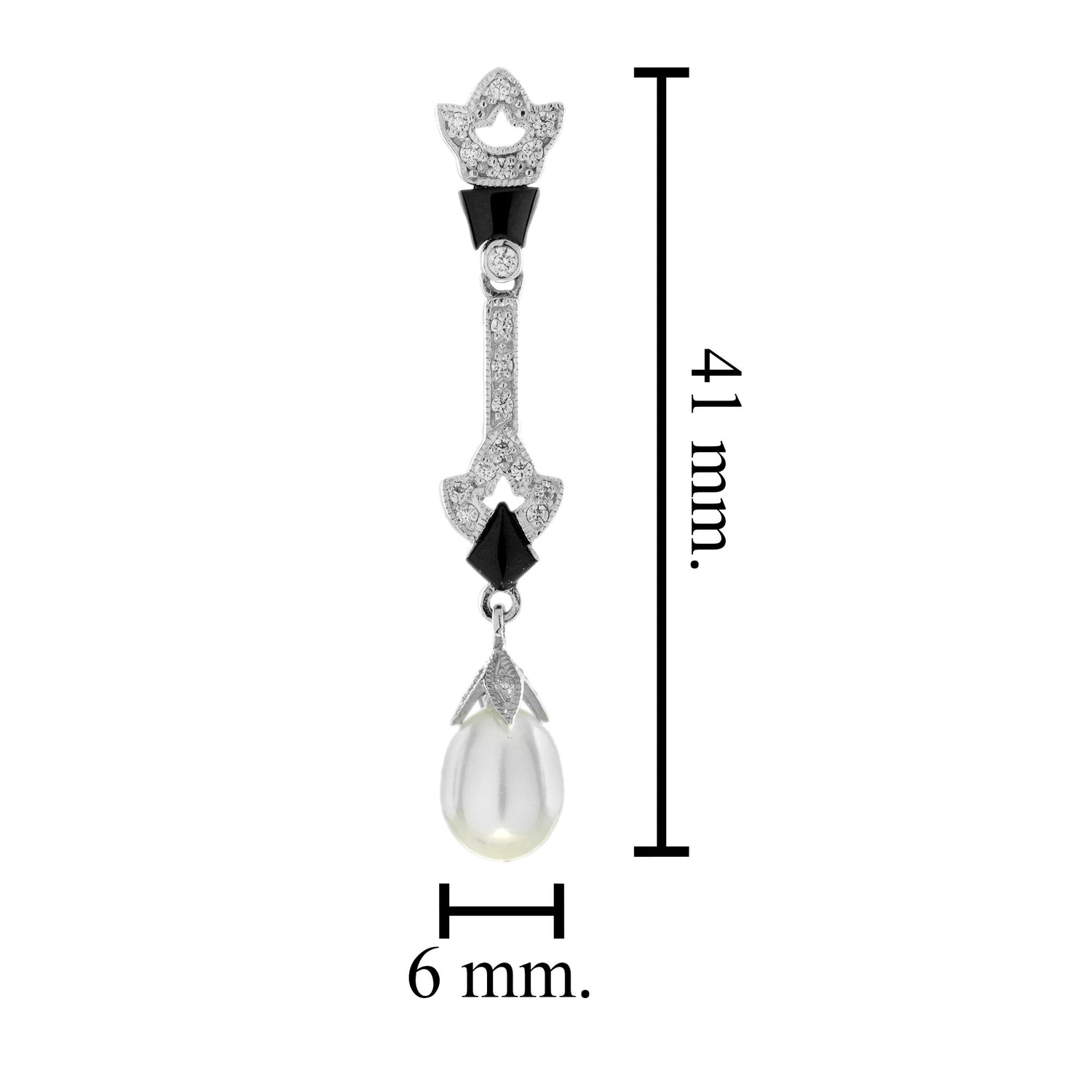 Pearl &amp; Black Onyx Diamond Art Deco Style Drop White Gold Earrings