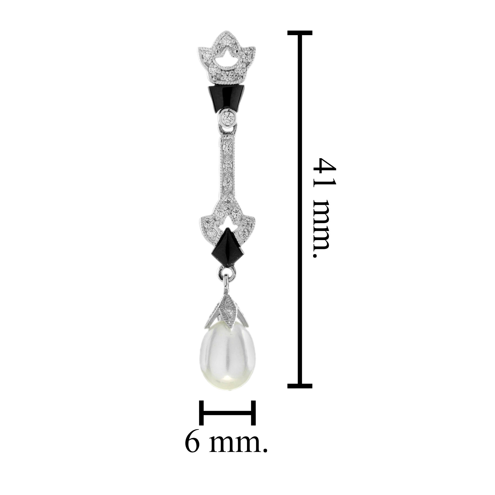 Pearl &amp; Black Onyx Diamond Art Deco Style Drop White Gold Earrings