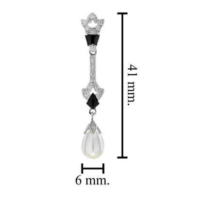 Pearl &amp; Black Onyx Diamond Art Deco Style Drop White Gold Earrings