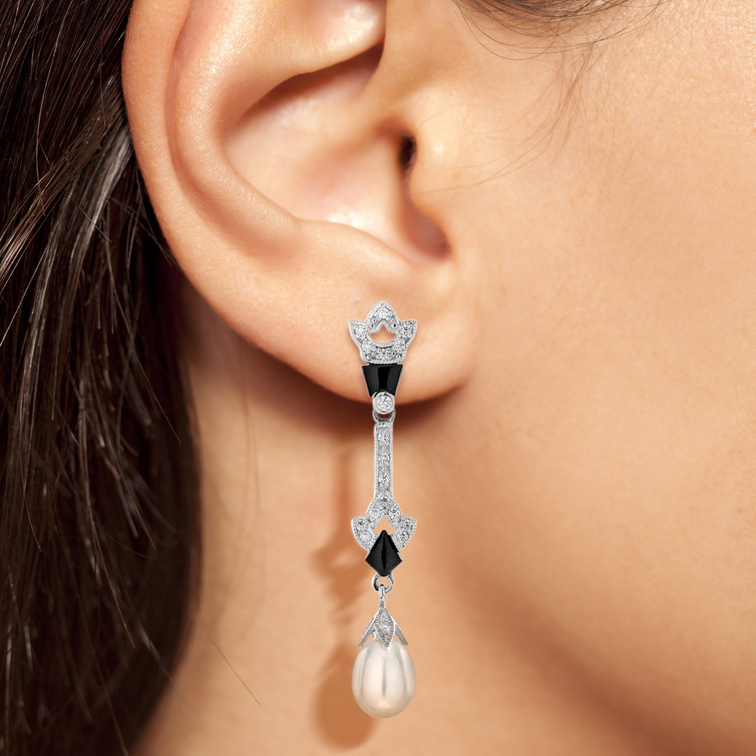 Pearl &amp; Black Onyx Diamond Art Deco Style Drop White Gold Earrings