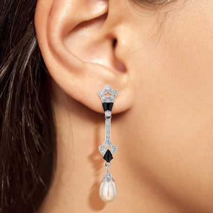 Pearl &amp; Black Onyx Diamond Art Deco Style Drop White Gold Earrings