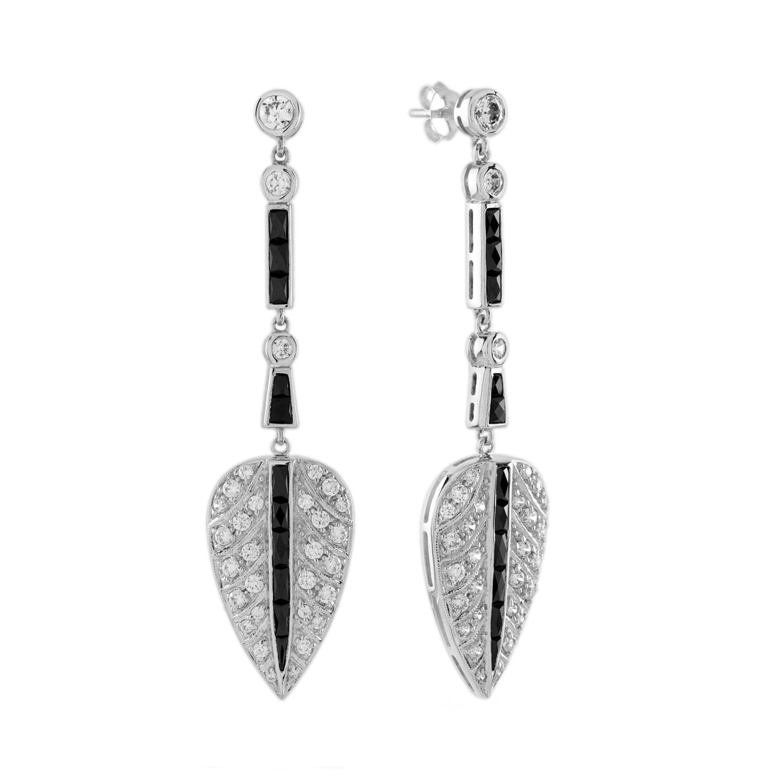 Diamond & Black Onyx Antique Style Leaf Drop 14K White Gold Earrings