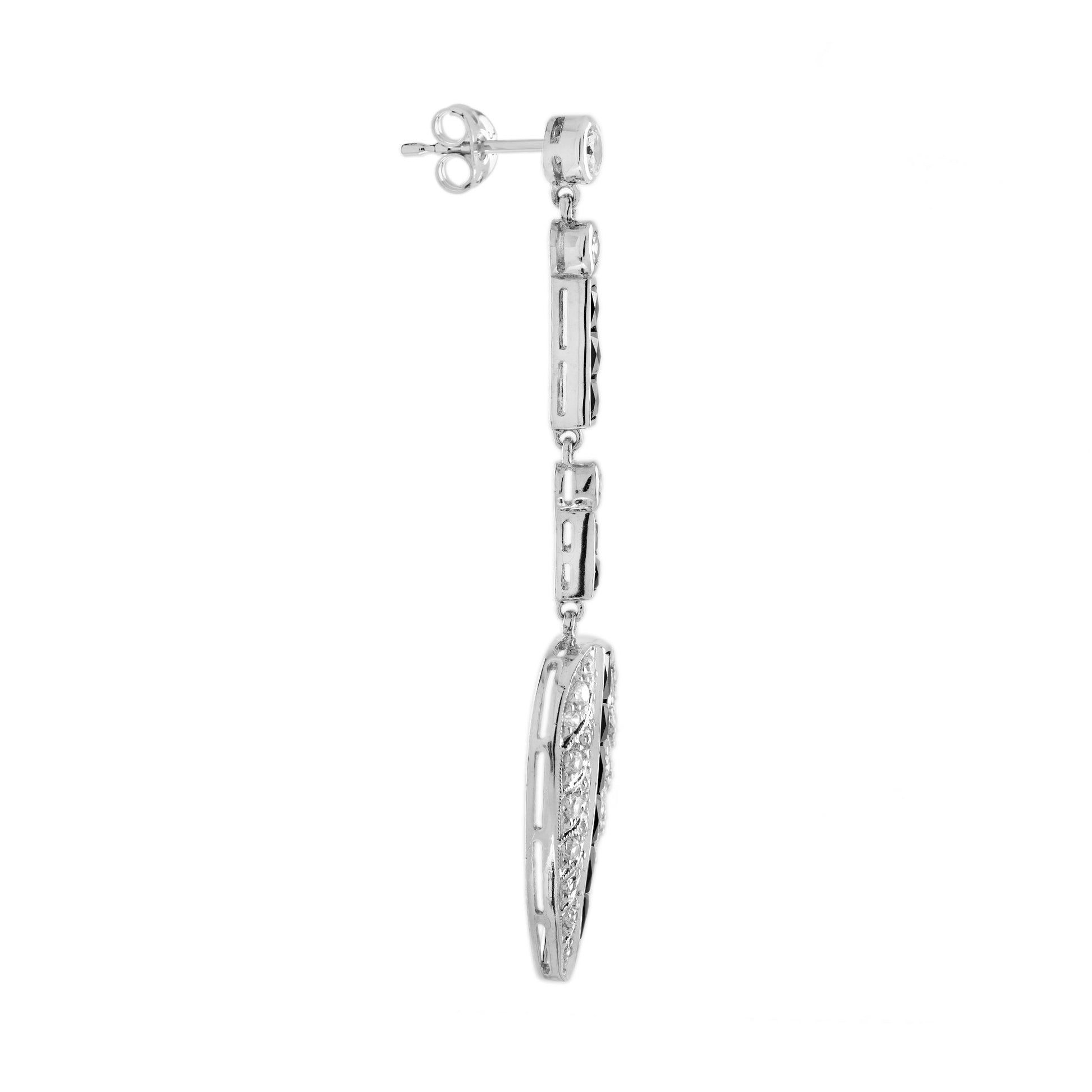 Diamond & Black Onyx Antique Style Leaf Drop 14K White Gold Earrings