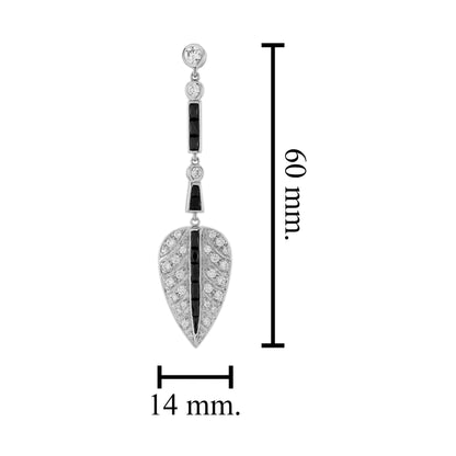 Diamond & Black Onyx Antique Style Leaf Drop 14K White Gold Earrings