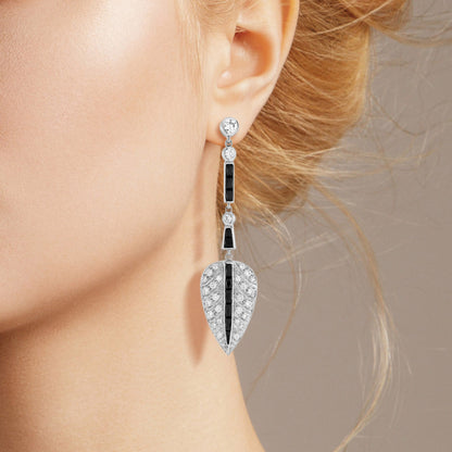 Diamond & Black Onyx Antique Style Leaf Drop 14K White Gold Earrings