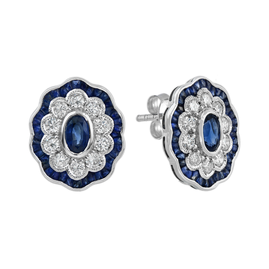 Blue Sapphire & Diamond Halo Art Deco Style Oval Floral White Gold Stud Earrings