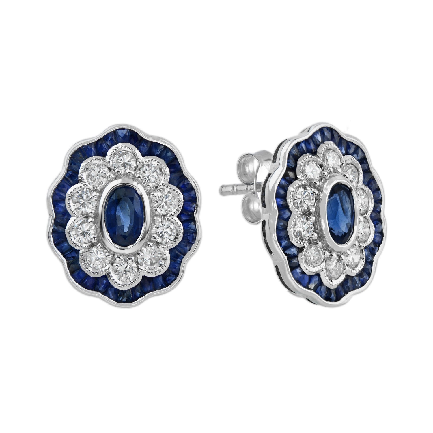 Blue Sapphire &amp; Diamond Halo Art Deco Style Oval Floral White Gold Stud Earrings