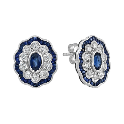 Blue Sapphire &amp; Diamond Halo Art Deco Style Oval Floral White Gold Stud Earrings