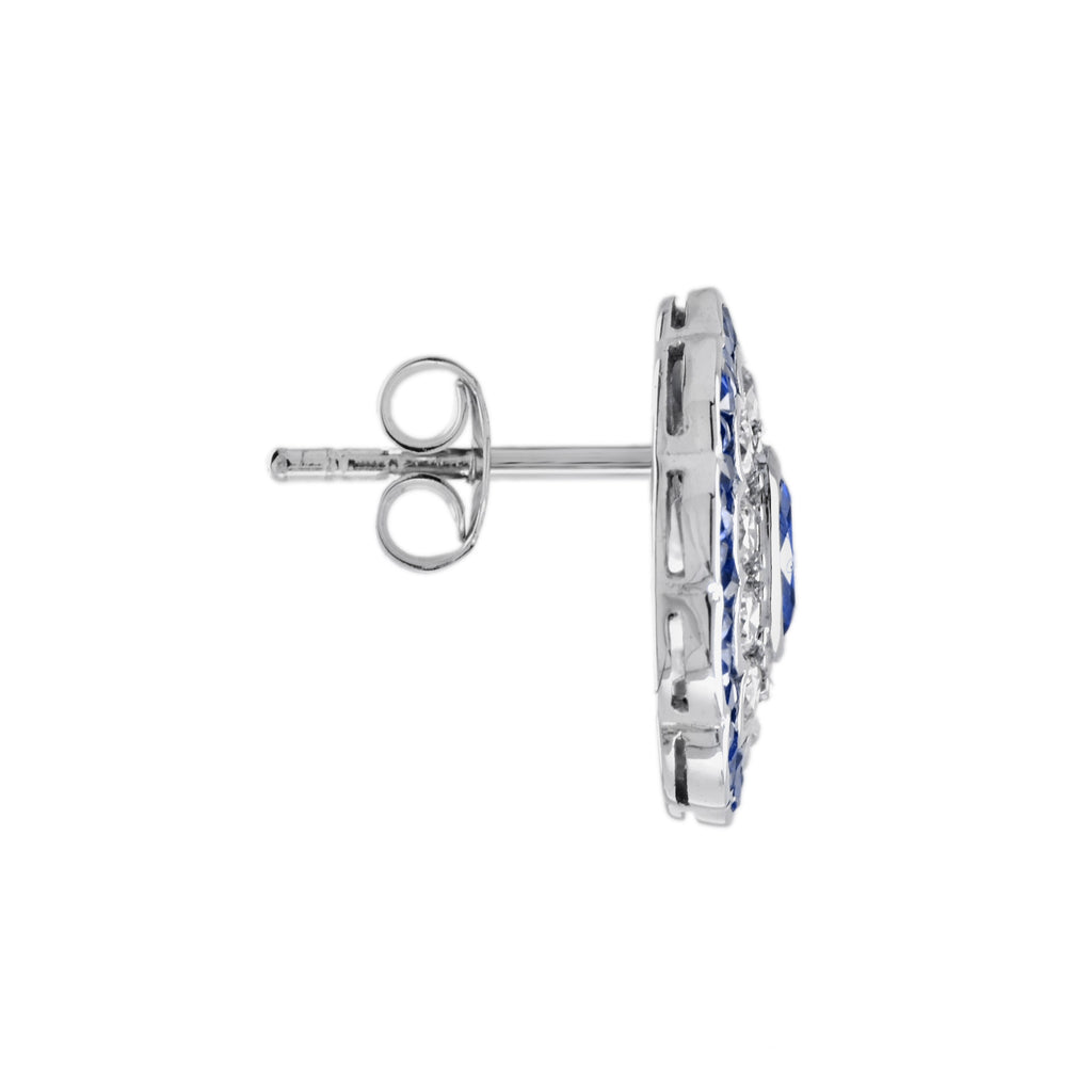 Blue Sapphire & Diamond Halo Art Deco Style Oval Floral White Gold Stud Earrings