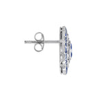 Blue Sapphire & Diamond Halo Art Deco Style Oval Floral White Gold Stud Earrings