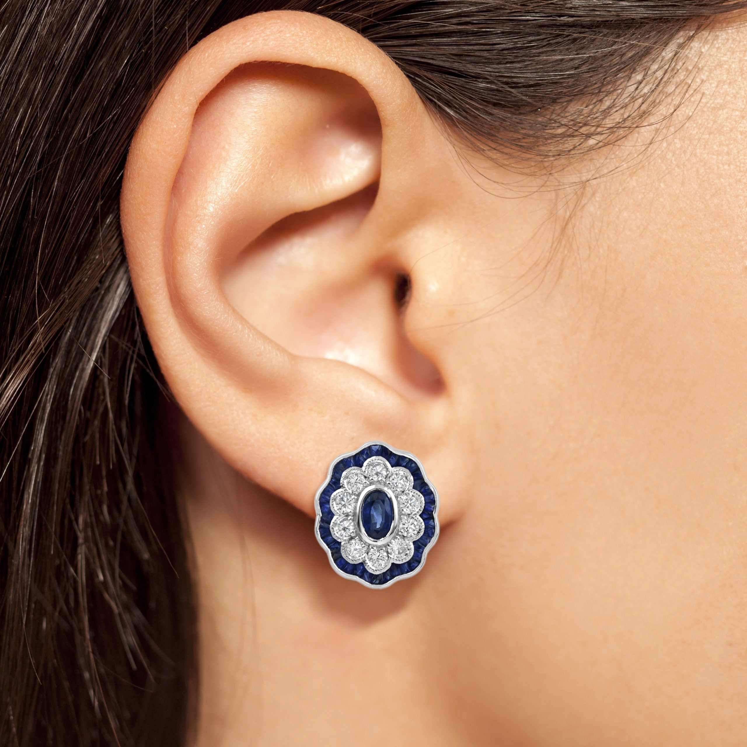 Blue Sapphire &amp; Diamond Halo Art Deco Style Oval Floral White Gold Stud Earrings