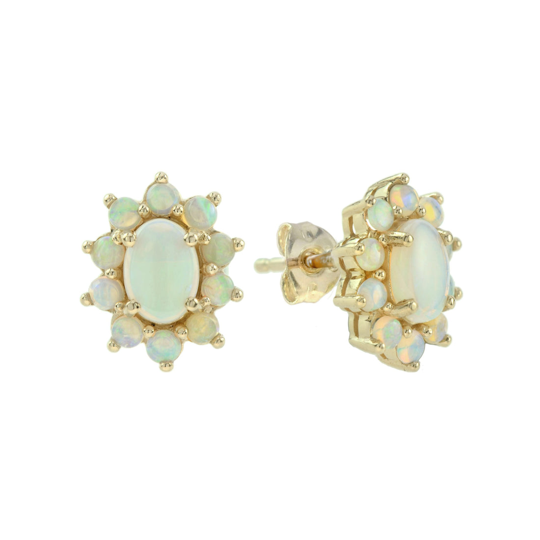 Opal Vintage Style Cluster Stud 14K Yellow Gold Earrings