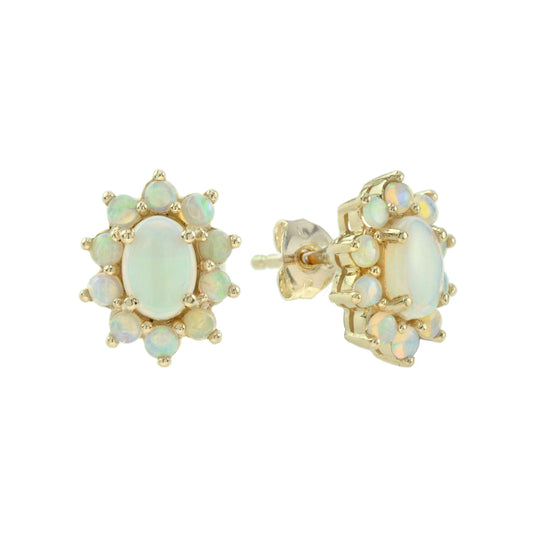 Opal Vintage Style Cluster Stud 14K Yellow Gold Earrings