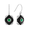 Green Emerald Black Onyx Diamond Art Deco Style Dangle 14K White Gold Earrings