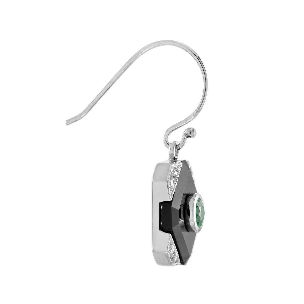 Green Emerald Black Onyx Diamond Art Deco Style Dangle 14K White Gold Earrings