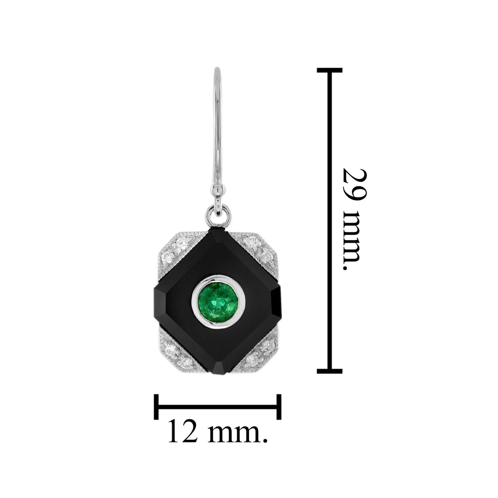 Green Emerald Black Onyx Diamond Art Deco Style Dangle 14K White Gold Earrings