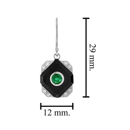 Green Emerald Black Onyx Diamond Art Deco Style Dangle 14K White Gold Earrings