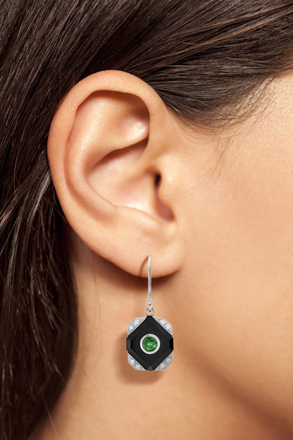 Green Emerald Black Onyx Diamond Art Deco Style Dangle 14K White Gold Earrings
