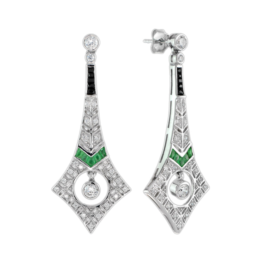 Гауһар тастар мен изумрудтар және оникс Art Deco стиліндегі 14 каратты ақ алтыннан жасалған сырғалар
