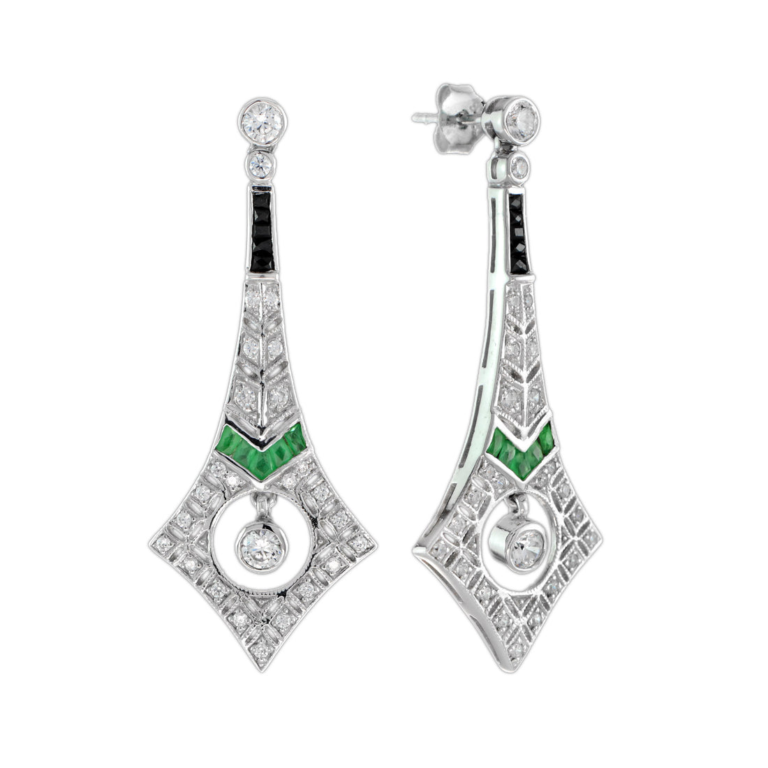 Diamond &amp; Emerald and Onyx Art Deco Style Drop 14K White Gold Earrings