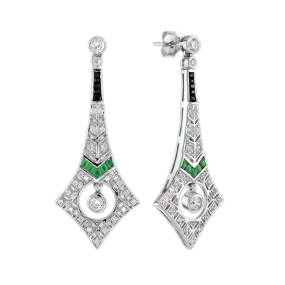 Diamond &amp; Emerald and Onyx Art Deco Style Drop 14K White Gold Earrings