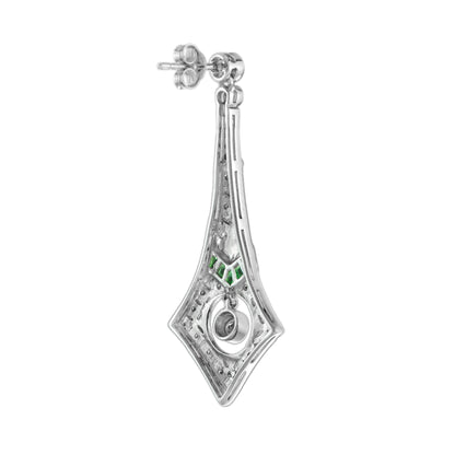 Diamond &amp; Emerald and Onyx Art Deco Style Drop 14K White Gold Earrings