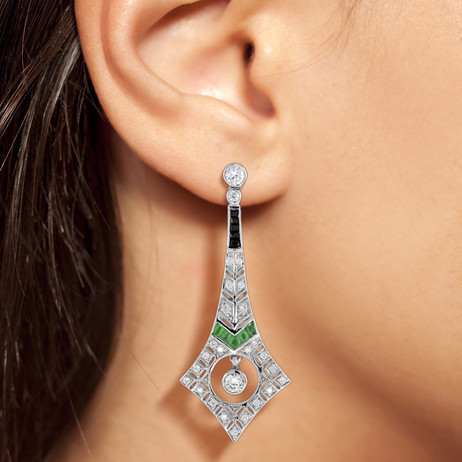 Diamond &amp; Emerald and Onyx Art Deco Style Drop 14K White Gold Earrings