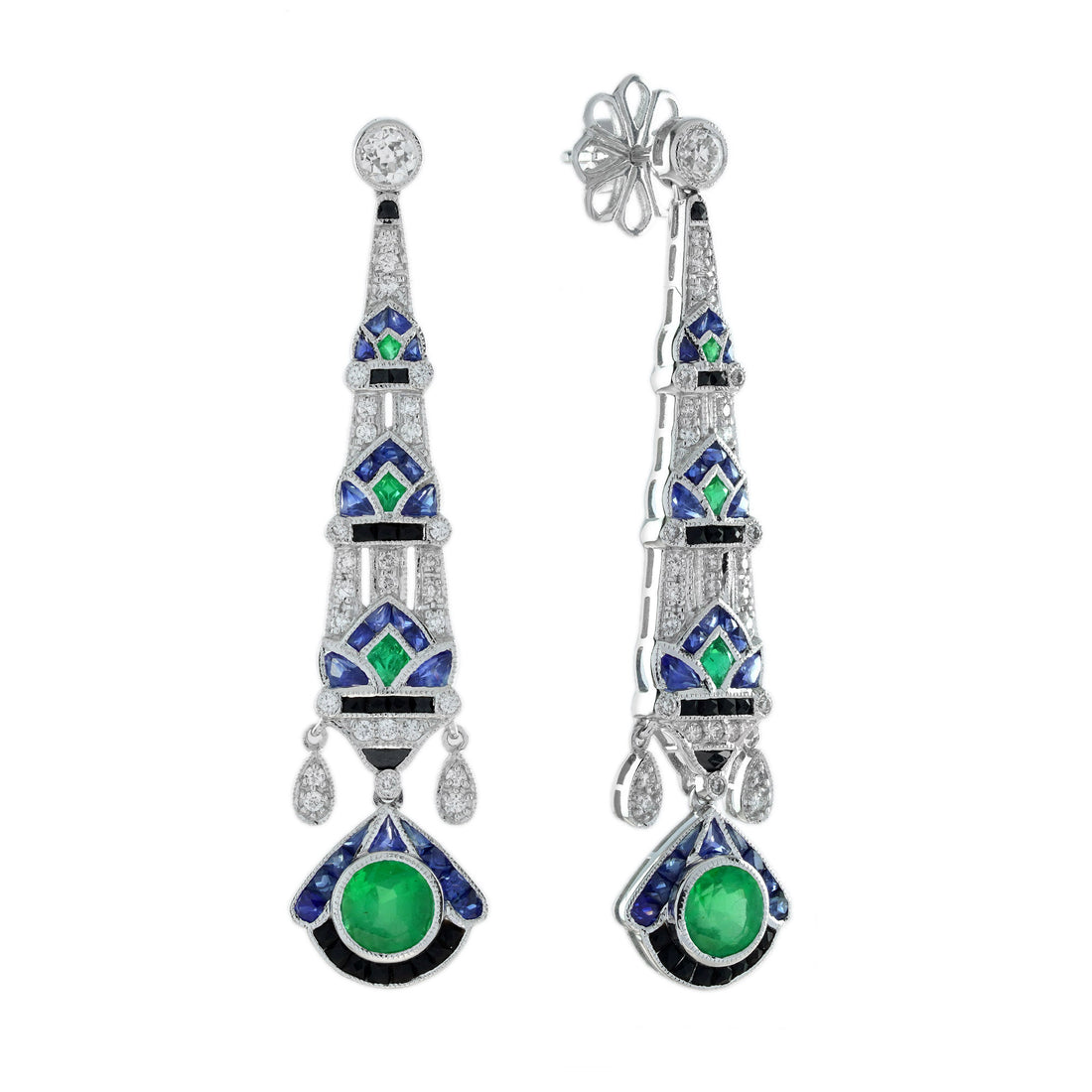 Green Emerald &amp; Blue Sapphire and Diamond Vintage Art Deco Style Drop Earrings