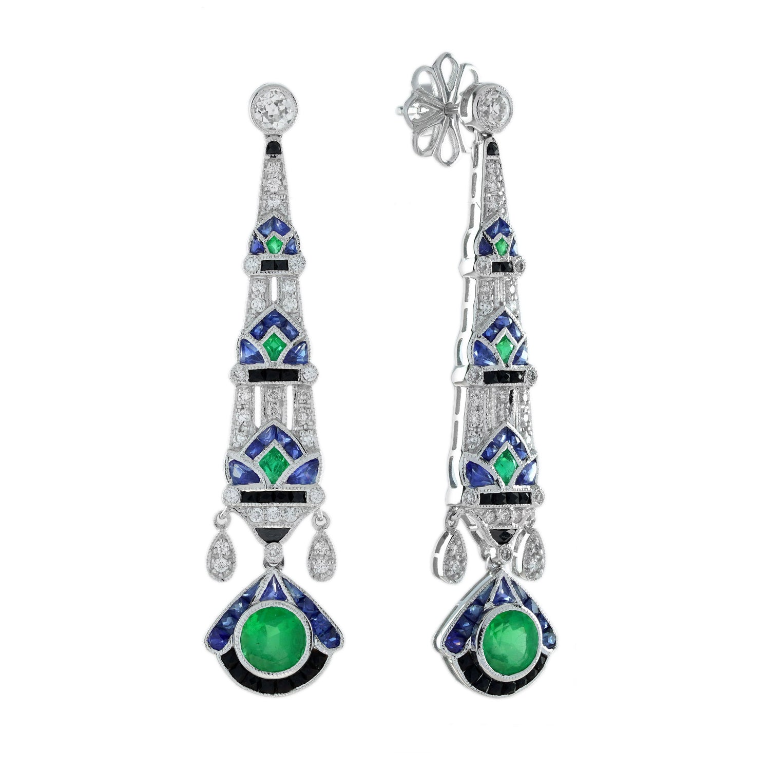 Green Emerald &amp; Blue Sapphire and Diamond Vintage Art Deco Style Drop Earrings