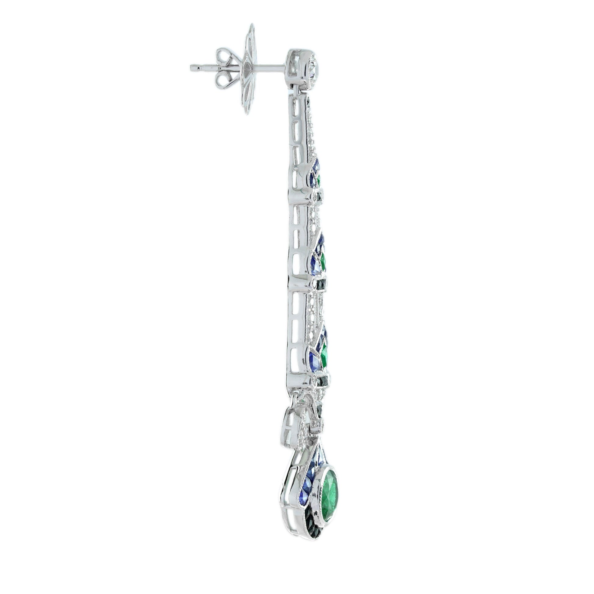 Green Emerald & Blue Sapphire and Diamond Vintage Art Deco Style Drop Earrings