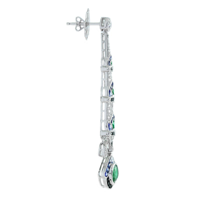 Green Emerald & Blue Sapphire and Diamond Vintage Art Deco Style Drop Earrings