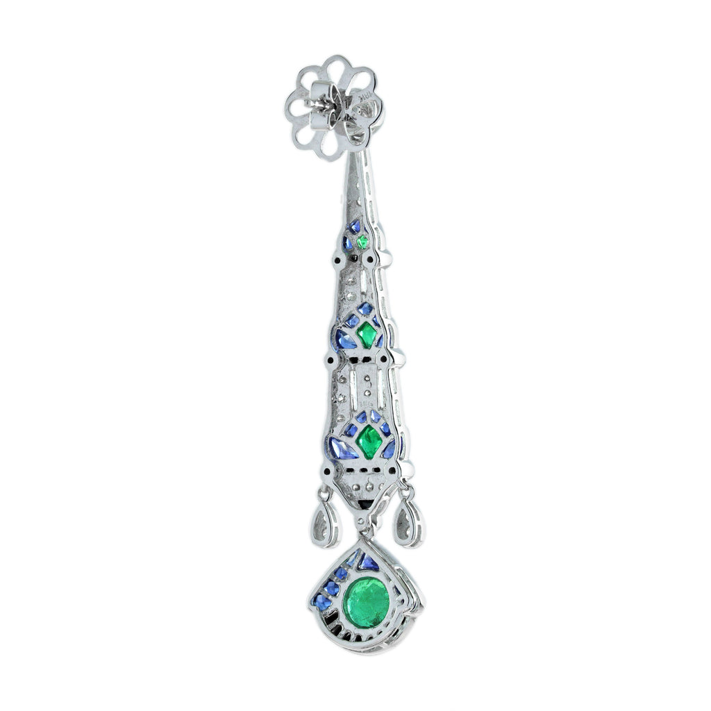 Green Emerald & Blue Sapphire and Diamond Vintage Art Deco Style Drop Earrings
