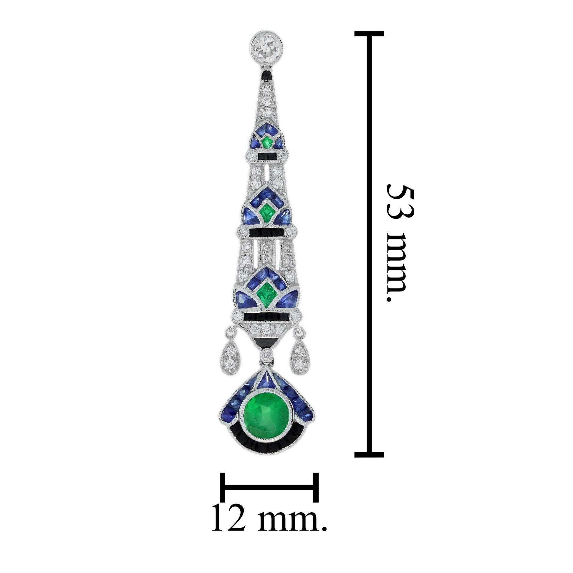 Green Emerald & Blue Sapphire and Diamond Vintage Art Deco Style Drop Earrings