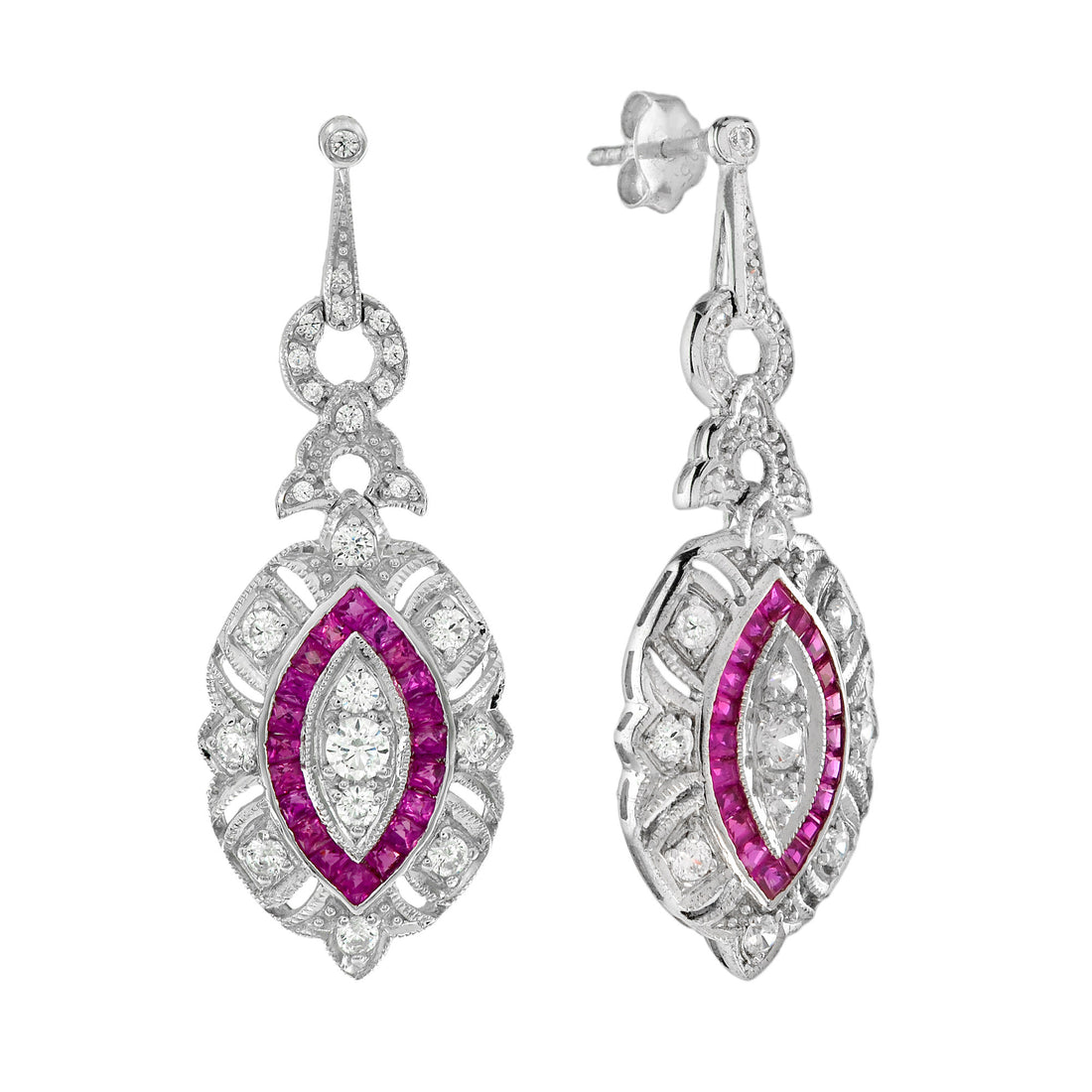 Diamond & Red Pink Ruby Art Deco Style Marquise Shape Dangle White Gold Earrings