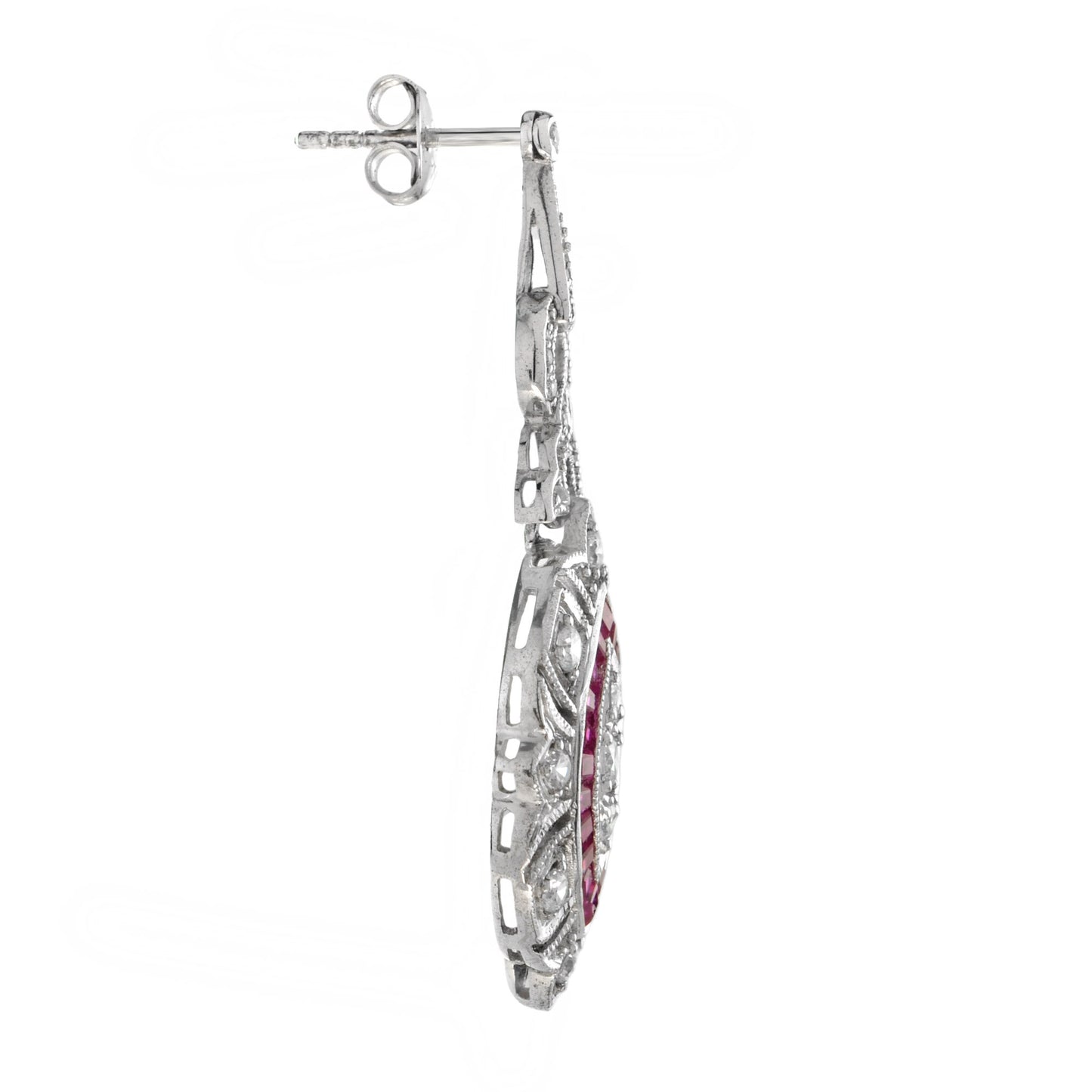 diamond & red pink ruby art deco style marquise shape dangle white gold earrings