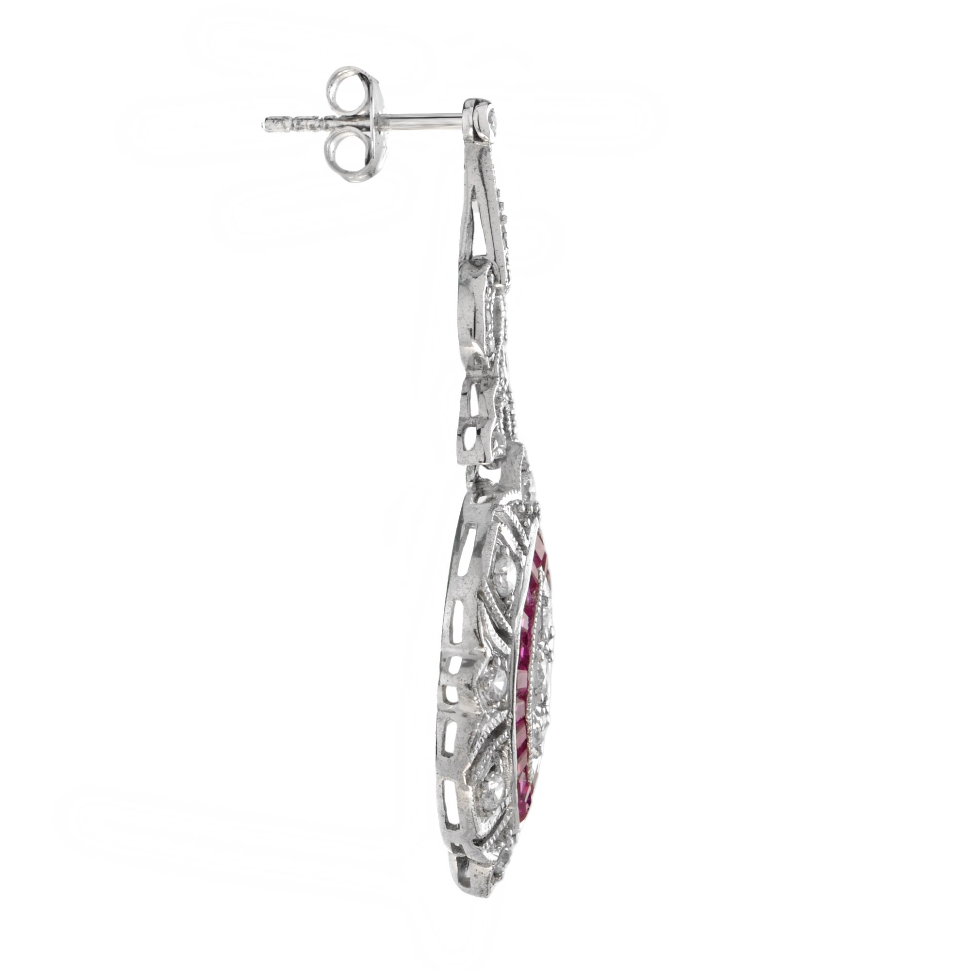 Diamond &amp; Red Pink Ruby Art Deco Style Marquise Shape Dangle White Gold Earrings