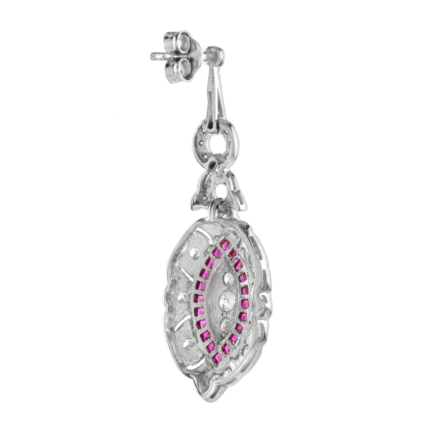 diamond & red pink ruby art deco style marquise shape dangle white gold earrings
