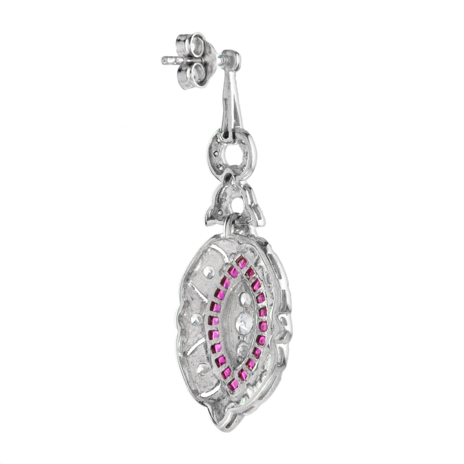 Diamond &amp; Red Pink Ruby Art Deco Style Marquise Shape Dangle White Gold Earrings