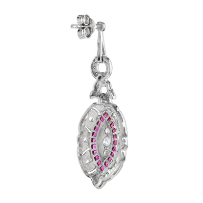 Diamond & Red Pink Ruby Art Deco Style Marquise Shape Dangle White Gold Earrings