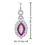 Diamond & Red Pink Ruby Art Deco Style Marquise Shape Dangle White Gold Earrings
