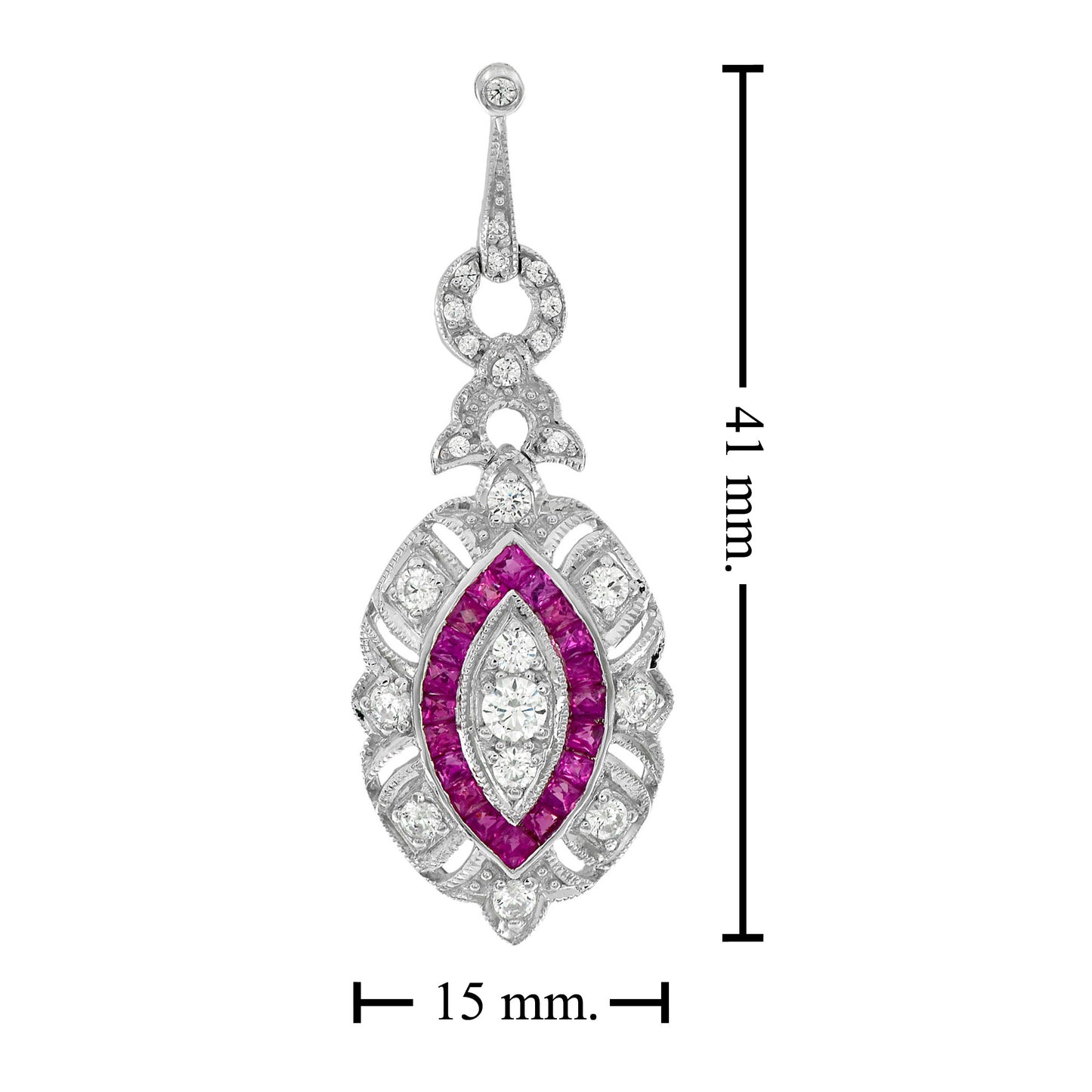 diamond & red pink ruby art deco style marquise shape dangle white gold earrings
