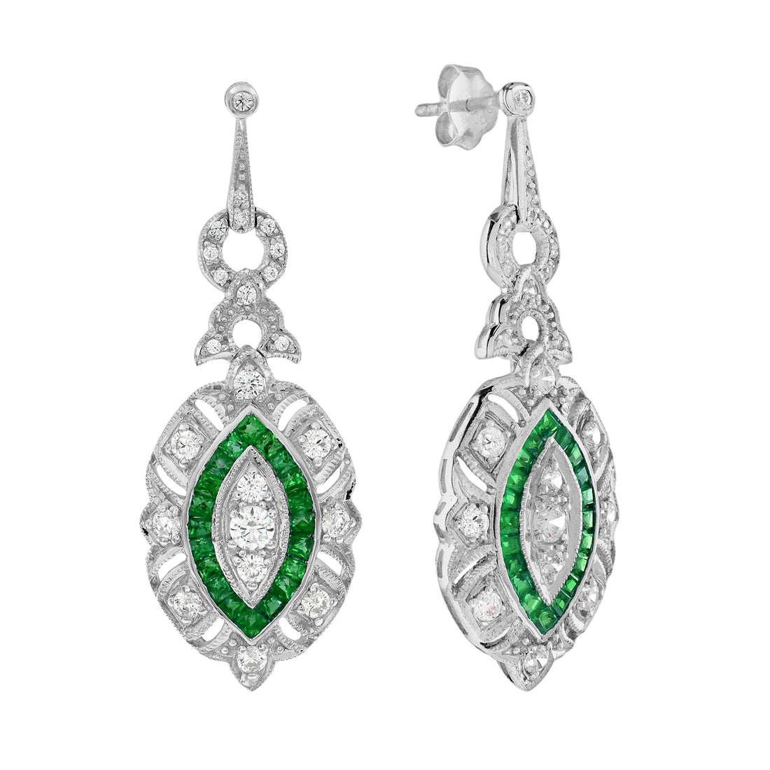 Diamond &amp; Green Emerald Halo Art Deco Style Marquise Shape Dangle Gold Earrings