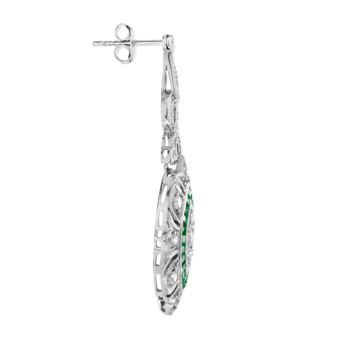 Diamond &amp; Green Emerald Halo Art Deco Style Marquise Shape Dangle Gold Earrings