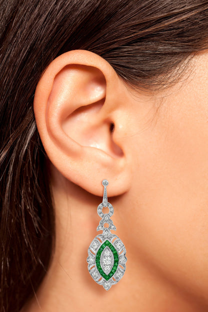Diamond &amp; Green Emerald Halo Art Deco Style Marquise Shape Dangle Gold Earrings